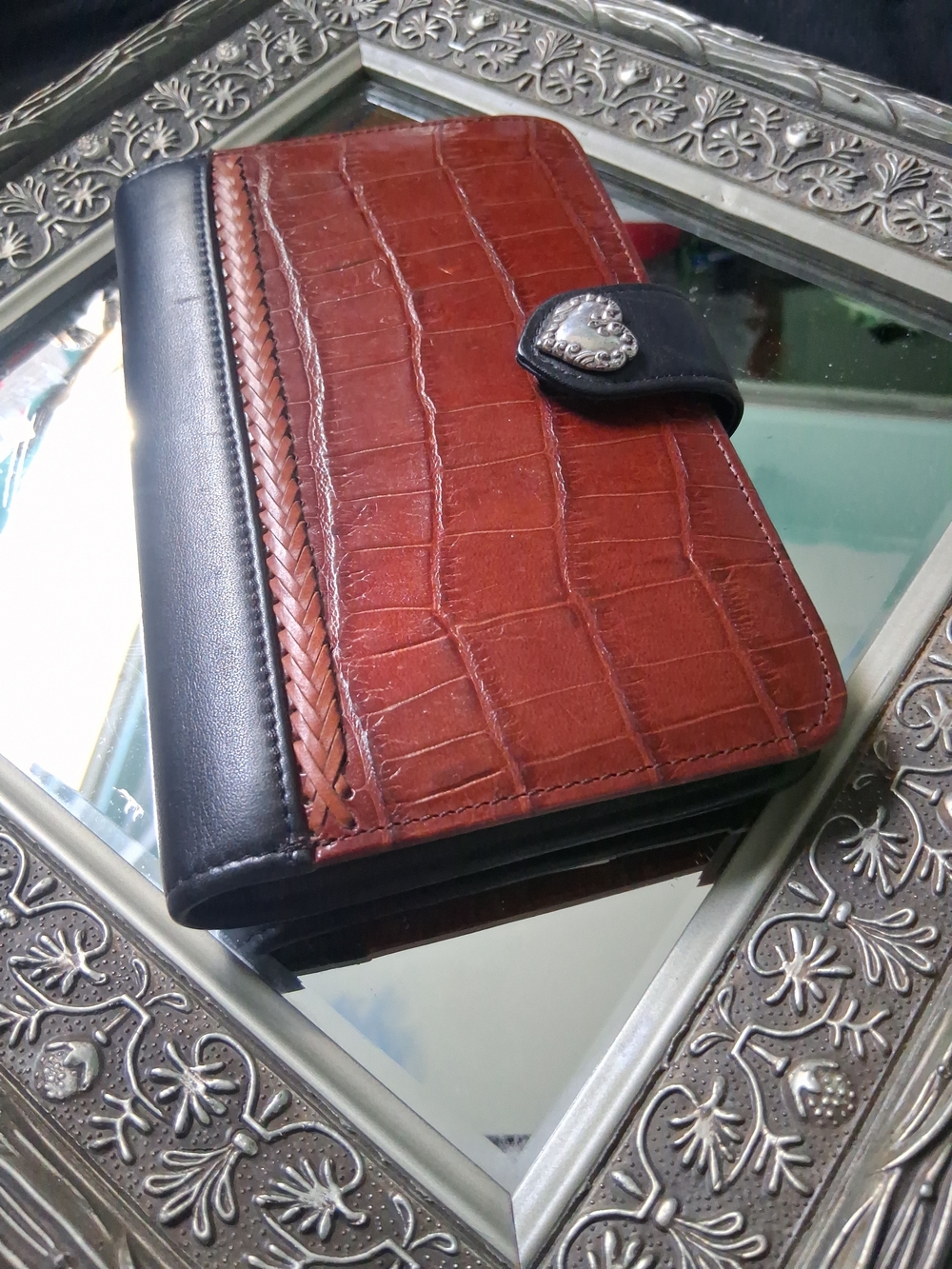 Brighton Croc-Embossed Brown and Black Wallet with Heart Snap